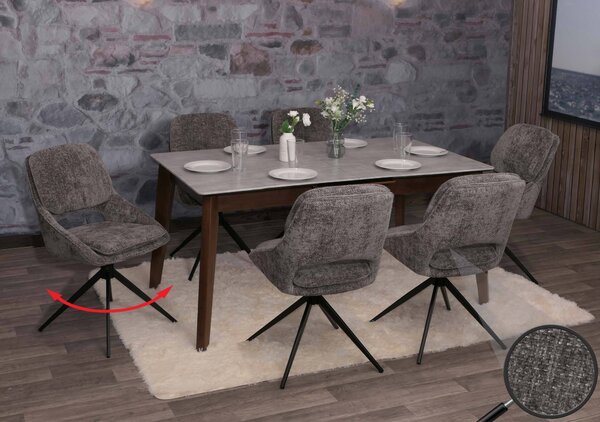 Set di 6 sedie da pranzo HWC-N73, sedia da cucina, girevole con ritorno automatico, tessuto/ceniglia (490g/m²) Oeko-Tex ~ grigio scuro