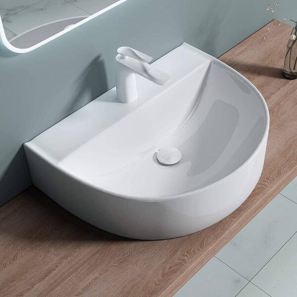 Doporro Lavabo da Appoggio in Vetroceramica Bianco Lucido, Lavandino Bagno Moderno con Foro Rubinetto e Rivestimento Nano 60x45x18 cm Br¹ssel896