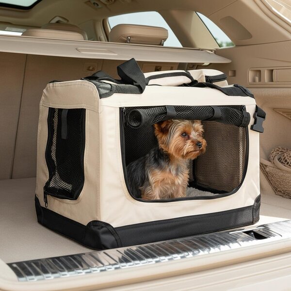 Trasportino pieghevole per animali domestici belviona, comodo e sicuro, Oxford + rete, riponibile in poco spazio, fino a 10 kg, 50x34x36 cm, beige