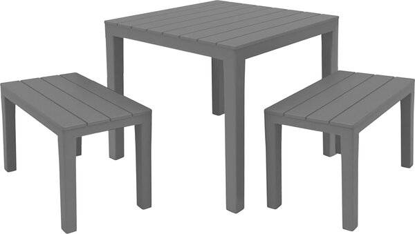 2.03 Set di mobili da giardino PAPUA - Tavolo 78x78 cm con 2 panchine - Mobili da giardino in antracite