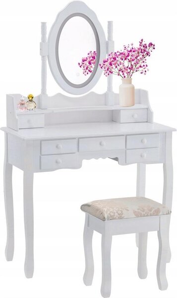 Tavolino da toilette - con specchio, luce e sgabello - 90 x 40 x 146 cm - bianco