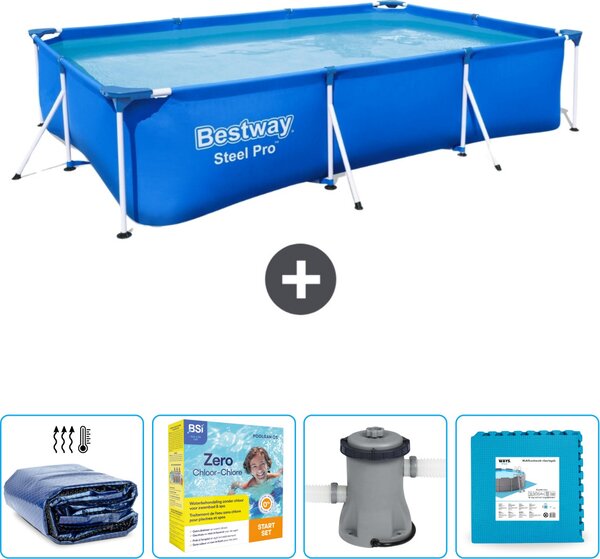 Piscina Bestway Steel Pro rettangolare - 300 x 201 x 66 cm - blu - include tenda da sole - pacchetto manutenzione - pompa - piastrelle per il pavimento