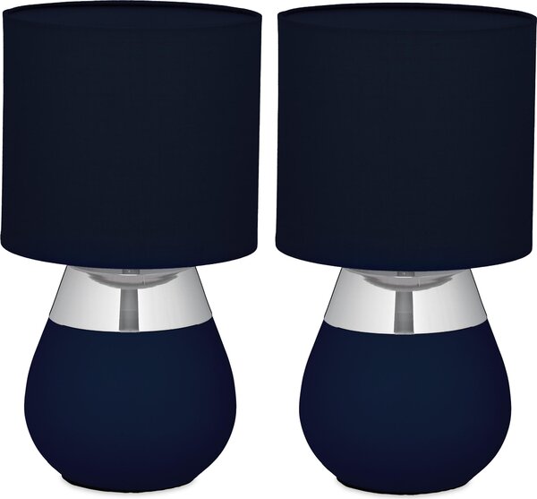 Lampada da tavolo Relaxdays, set da 2, base in metallo, paralume in tessuto, E14, A x P: 32 x 18 cm, lampada da comodino con cavo, blu/argento