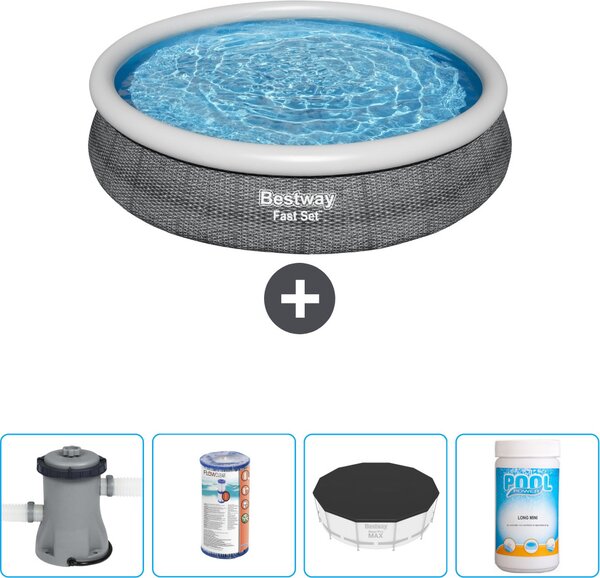 Bestway piscina gonfiabile rotonda ad ambientazione rapida - stampa rattan - 366 x 76 cm - inclusa pompa - filtro - copertura - cloro