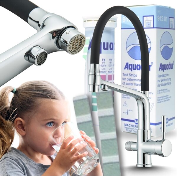 Rubinetto da cucina a 3 vie Ari Flexible, rubinetto con doccetta estraibile, canna girevole 360 gradi, per acqua filtrata, cromato
