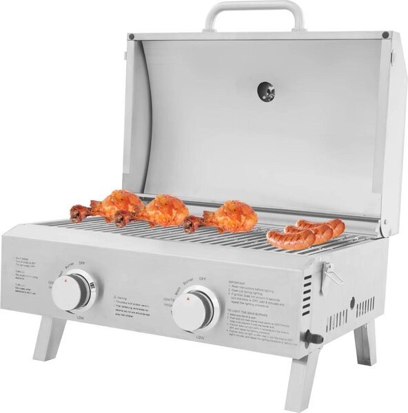 Barbecue a gas - Barbecue da tavolo con 2 bruciatori - 55,8×45×38 cm - Accensione piezoelettrica - Sicurezza fiamma - Gambe pieghevoli - Acciaio inossidabile - Grigio