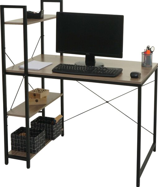 Scrivania con scaffale MCW-K81, tavolino per laptop, scrivania da ufficio, 100x60 cm, metallo e MDF ~ grigio-marrone