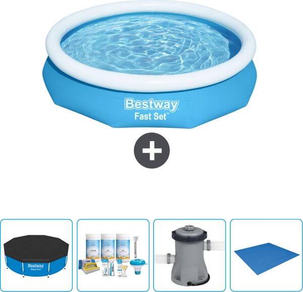 Piscina gonfiabile rotonda Bestway a presa rapida - 305 x 66 cm - blu - include copertura - pacchetto manutenzione - pompa - telo di fondo