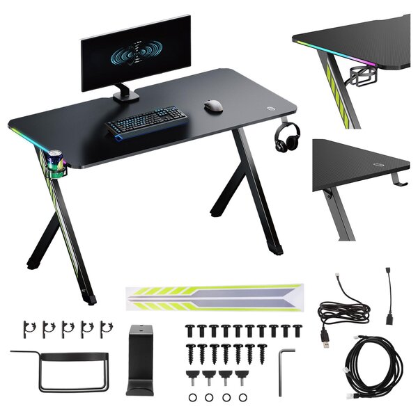 Scrivania da gioco NanoRS, nera con supporto per cuffie e tazze Retroilluminazione RGB max. 75 kg Dimensioni 1200x600x750 mm RS102