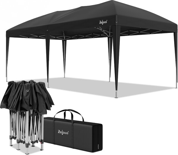 Gazebo pieghevole Zelsius 3 x 6 m, nero, gazebo pieghevole pop-up, tenda da giardino, tenda per feste con borsa