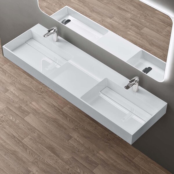 Doporro Lavabo doppio Sospeso Lavabo da Appoggio Rettangolare in Marmo Resina Bianco Lucido, Vasca Doppia 160x48x13 cm con 2 Fori Rubinetto e Piletta Scarico, Colossum12