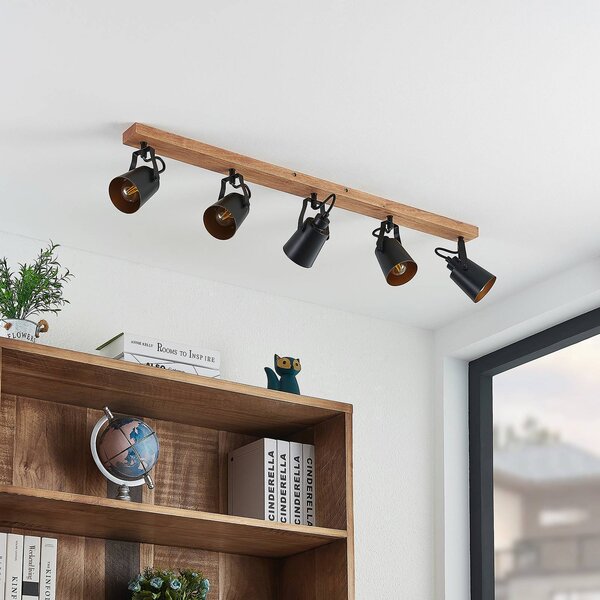 Lindby Kimban, faretto da soffitto a 5 luci, 106 cm, legno, metallo Kimban Lindby, dimmerabile, Legno scuro, Soggiorno / Sala da pranzo, Legno, Moderno, Faretto