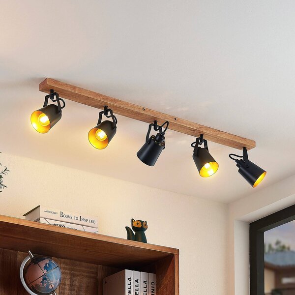 Lindby Kimban, faretto da soffitto a 5 luci, 106 cm, legno, metallo Kimban Lindby, dimmerabile, Legno scuro, Soggiorno / Sala da pranzo, Legno, Moderno, Faretto