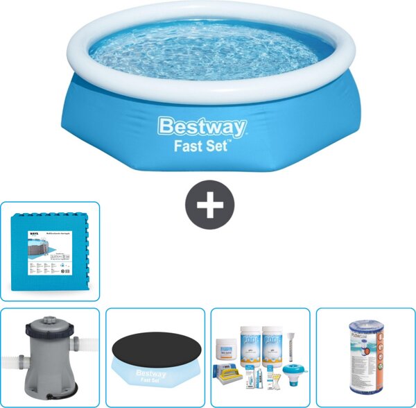 Piscina gonfiabile rotonda Bestway Fast-Set - 244 x 61 cm - blu - inclusa copertura della pompa - pacchetto manutenzione - filtro - piastrelle per il pavimento
