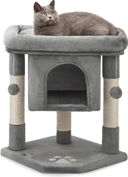 Tiragraffi lionto per gatti 60 cm, con grotta di coccole, palline di peluche e robusti paletti in sisal, salvaspazio e moderno, grigio scuro