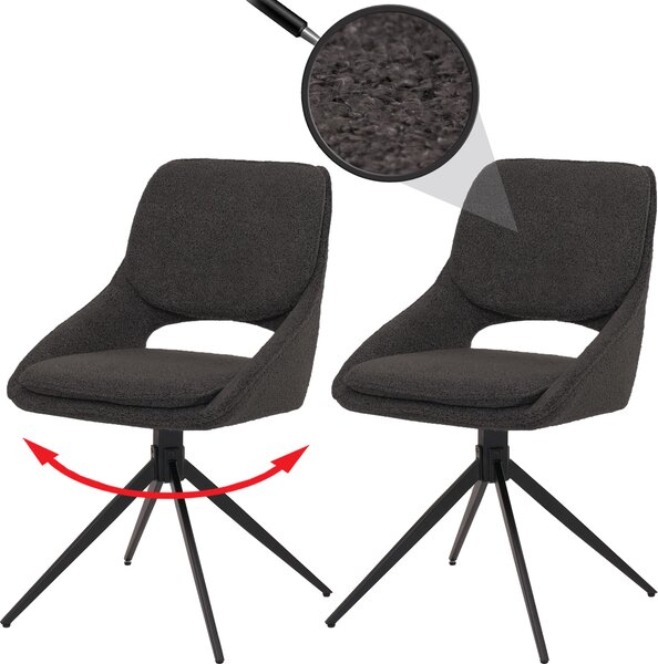 Set di 2 sedie per sala da pranzo HWC-N73, sedia da cucina, girevole a ritorno automatico, tessuto/tessuto boucle (540g/m²) Oeko-Tex ~ grigio scuro