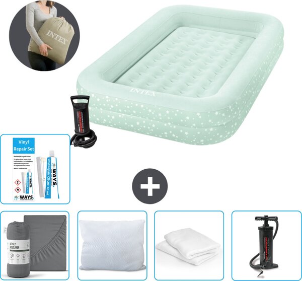 Materasso gonfiabile Intex Kidz - 1 persona - 107 x 168 x 25 cm - Verde menta - Comprensivo di pompa - lenzuolo di montaggio - bacio - pompa - set di riparazione e protezione per cuscino