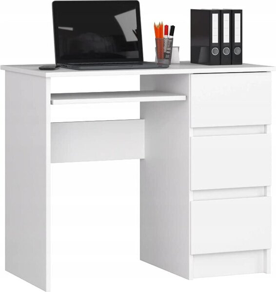 BDW, scrivania per computer con 3 cassetti, cassetto per tastiera, 90x77x50 cm, bianco (destra)