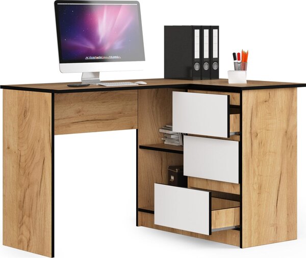 BDW, scrivania angolare destra, 3 cassetti, 4 ripiani, rovere craft / bianco destra