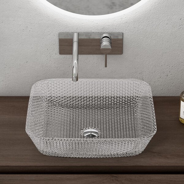 Doporro Lavabo da Appoggio in Vetro Temperato Lavandino Bagno Quadrato 40 x 40 x 11 cm Trasparente Lavello Design Artistico con Texture per Cucina WC Ospiti Minerva03