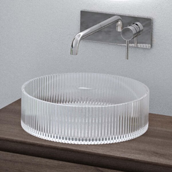 Doporro Lavabo da Appoggio in Vetro Temperato Lavandino Bagno Rotondo 40 x 40 x 12 cm Trasparente Lavello Design Artistico con Texture per Cucina WC Ospiti Minerva01