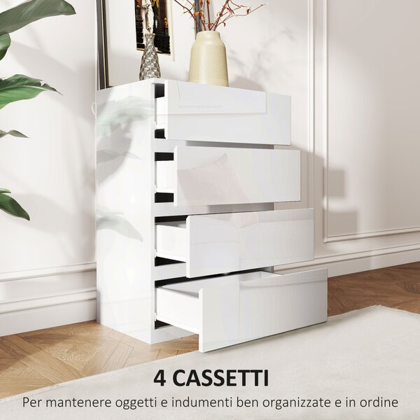 HOMCOM Cassettiera Moderna 4 Cassetti Antiribaltamento in Legno, 55x33x80 cm, Bianco Lucido