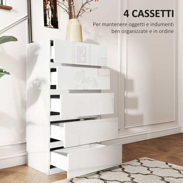 HOMCOM Cassettiera Moderna 5 Cassetti Antiribaltamento in Legno, 55x33x100 cm, Bianco Lucido