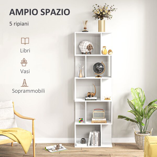 HOMCOM Scaffale Libreria Versatile a 5 Ripiani, Salvaspazio a Forma di S in Legno con Divisorio, 60x24x184.5 cm, Bianco| Aosom Italy