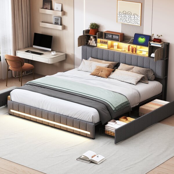 Letto imbottito Fortuna Lai 140x200 cm con contenitore, meccanismo a gas a pressione, illuminazione LED su testiera e pediera, standard europeo, rivestimento in lino