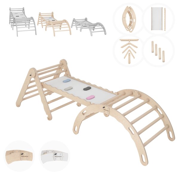 Set di strutture di arrampicata per interni, triangolo di arrampicata con scivolo in legno, arco di arrampicata, arrampicata per bambini, altalena arcobaleno con tavola di scorrimento, arco in legno