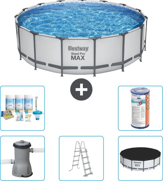 Piscina Bestway Round Steel Pro MAX - 457 x 122 cm - grigio - inclusa pompa - scala - copertura pacchetto manutenzione - filtro