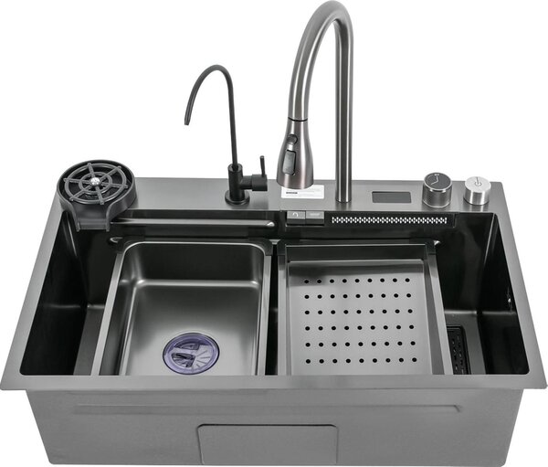 Lavello da cucina - Doppia vasca digitale - 76x46 cm - Rubinetto con erogatore a cascata e display - Miscelatore estraibile - Montaggio a incasso - Acciaio inossidabile lucido
