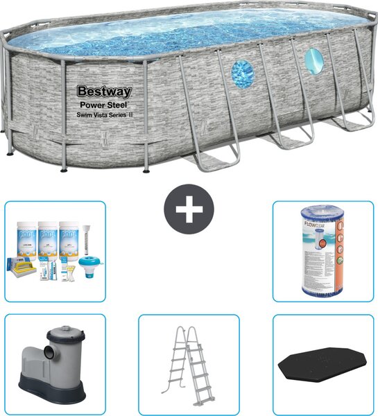 Piscina Bestway Oval Power Steel Swim Vista - stampa su pietra - 549 x 274 x 122 - inclusa pompa - scala - copertura pacchetto manutenzione - filtro