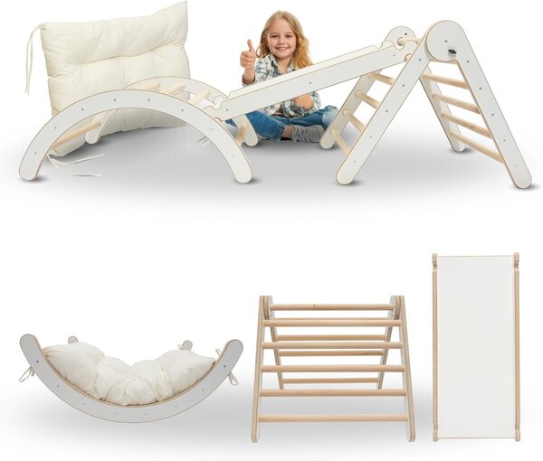 MAMOI® struttura per arrampicata triangolo interno 4 in 1 SET. Arco di arrampicata Montessori con tappetini, parco giochi indoor 1-3 anni e scivolo per bambini