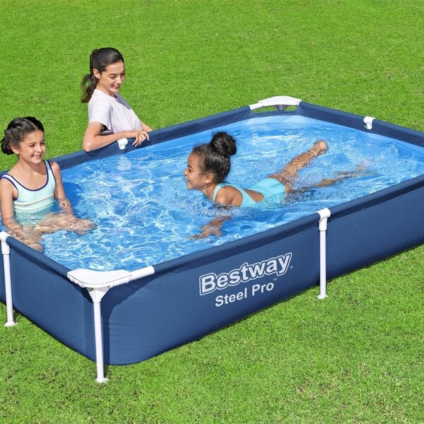 Piscina Bestway Steel Pro rettangolare - 221 x 150 x 43 cm - blu - include copertura - pacchetto manutenzione - pompa - telo di fondo