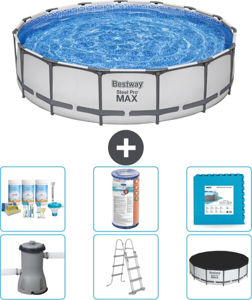 Piscina Bestway Round Steel Pro MAX - 457 x 107 cm - grigio - inclusa pompa - scala - pacchetto manutenzione copertura - filtro - piastrelle per il pavimento