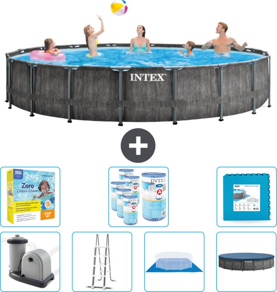 Piscina Intex Round Prism Frame Greywood - 549 x 122 cm - inclusa pompa - scaletta - telo di fondo - pacchetto manutenzione copertura - filtro - piastrelle per il pavimento