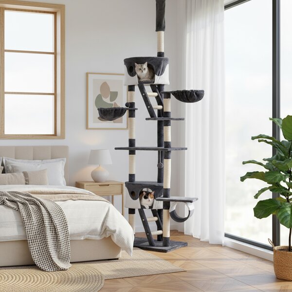 Belviona XXL tiragraffi con tenditore a soffitto, perfetto per il gioco e la cura degli artigli, altezza 230-250 cm, grigio/bianco