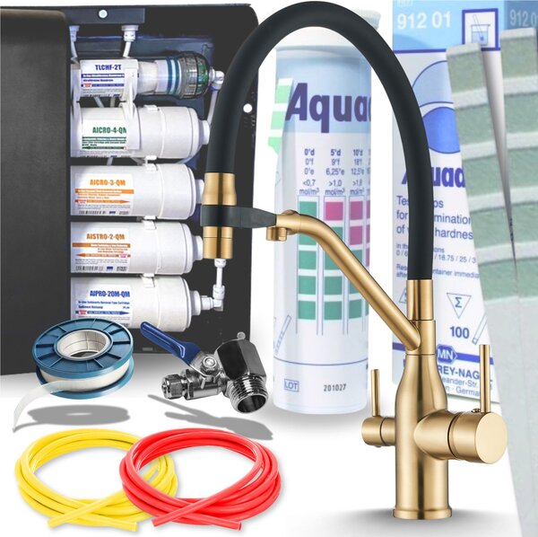 Rubinetto da cucina a 3 vie Ari Magneto con doccetta estraibile, canna girevole 360 gradi, per filtro acqua, ottone oro spazzolato