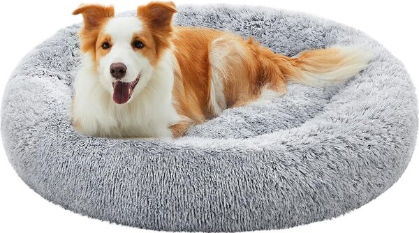 Lettino per cani Feandrea, cestino per gatti, cuscino a ciambella, lavabile, imbottitura centrale rimovibile, peluche lungo, diametro 100 cm, grigio ombra
