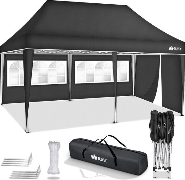 Gazebo tillvex 3x6m - con 3 pannelli laterali antracite impermeabile | gazebo pop-up pieghevole regolabile in altezza | tenda da giardino protezione UV 50+ | tenda da festa con borsa per giardino