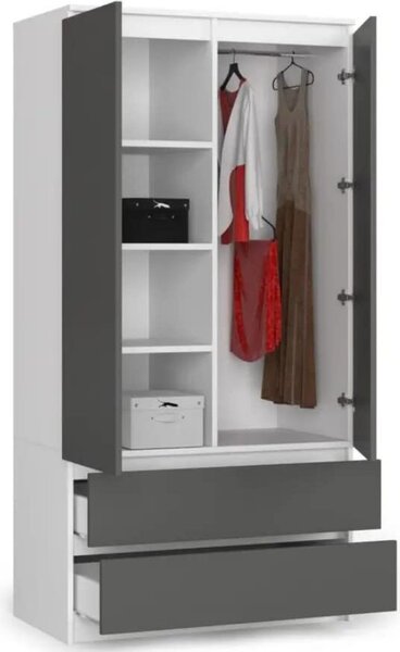 BDW, armadio 2 ante, 2 cassetti, 180x90x51 cm, bianco/grigio