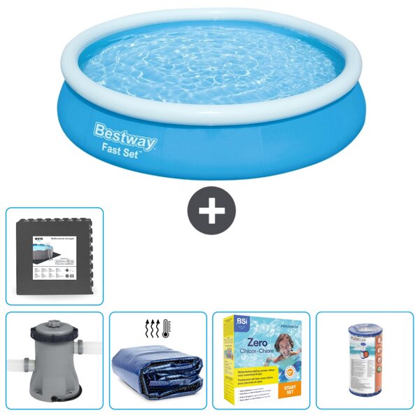 Piscina gonfiabile rotonda Bestway ad ambientazione rapida - 366 x 76 cm - blu - inclusa pompa tenda - pacchetto manutenzione - filtro - pavimento in piastrelle