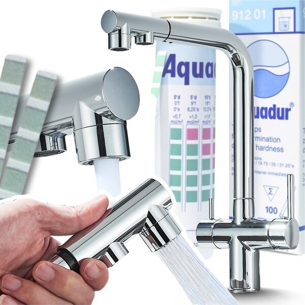 Rubinetto da cucina a 3 vie Ari Venom 2 con doccetta estraibile, beccuccio girevole 360 gradi, collegamento filtro acqua, cromo