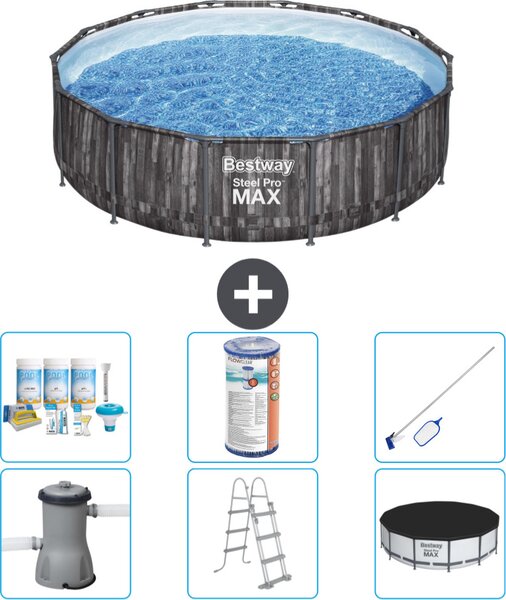 Piscina Bestway Round Steel Pro MAX - stampa legno - 427 x 107 cm - inclusa pompa - scala - copertura pacchetto manutenzione - filtro - kit pulizia