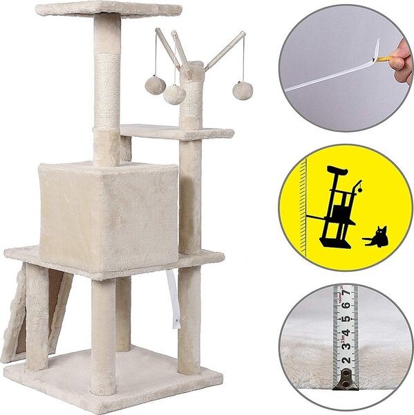 Graffiatoio 121 cm beige con grotta, scala e pali in sisal, base stabile