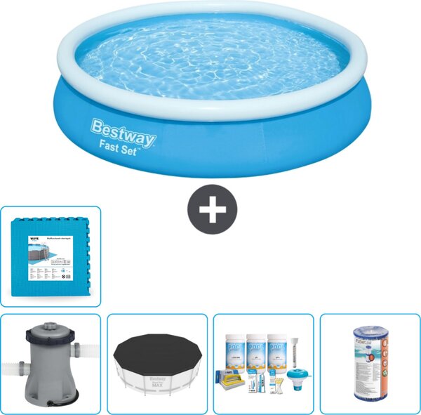Bestway piscina gonfiabile rotonda ad ambientazione rapida - 366 x 76 cm - blu - inclusa copertura della pompa - pacchetto manutenzione - filtro - piastrelle per il pavimento