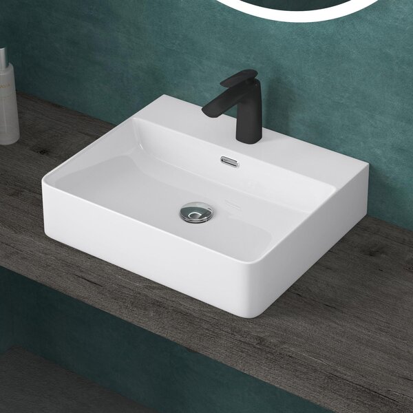 Doporro Lavabo da Appoggio Lavandino Sospeso Bagno Rettangolare 50 cm in Vetroceramica Bianco Lucido con Foro per Rubinetto e Troppopieno - Meissen201