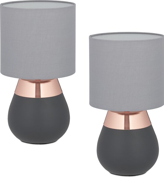 Lampada da tavolo Relaxdays, set da 2, base in metallo, paralume in tessuto, E14, A x P: 32 x 18 cm, lampada da comodino con cavo, grigio/rame