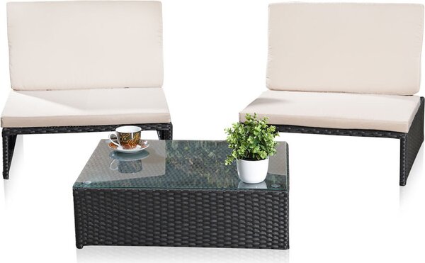 Set lounge in polyrattan 2 poltrone e tavolo nero resistente alle intemperie Set da giardino